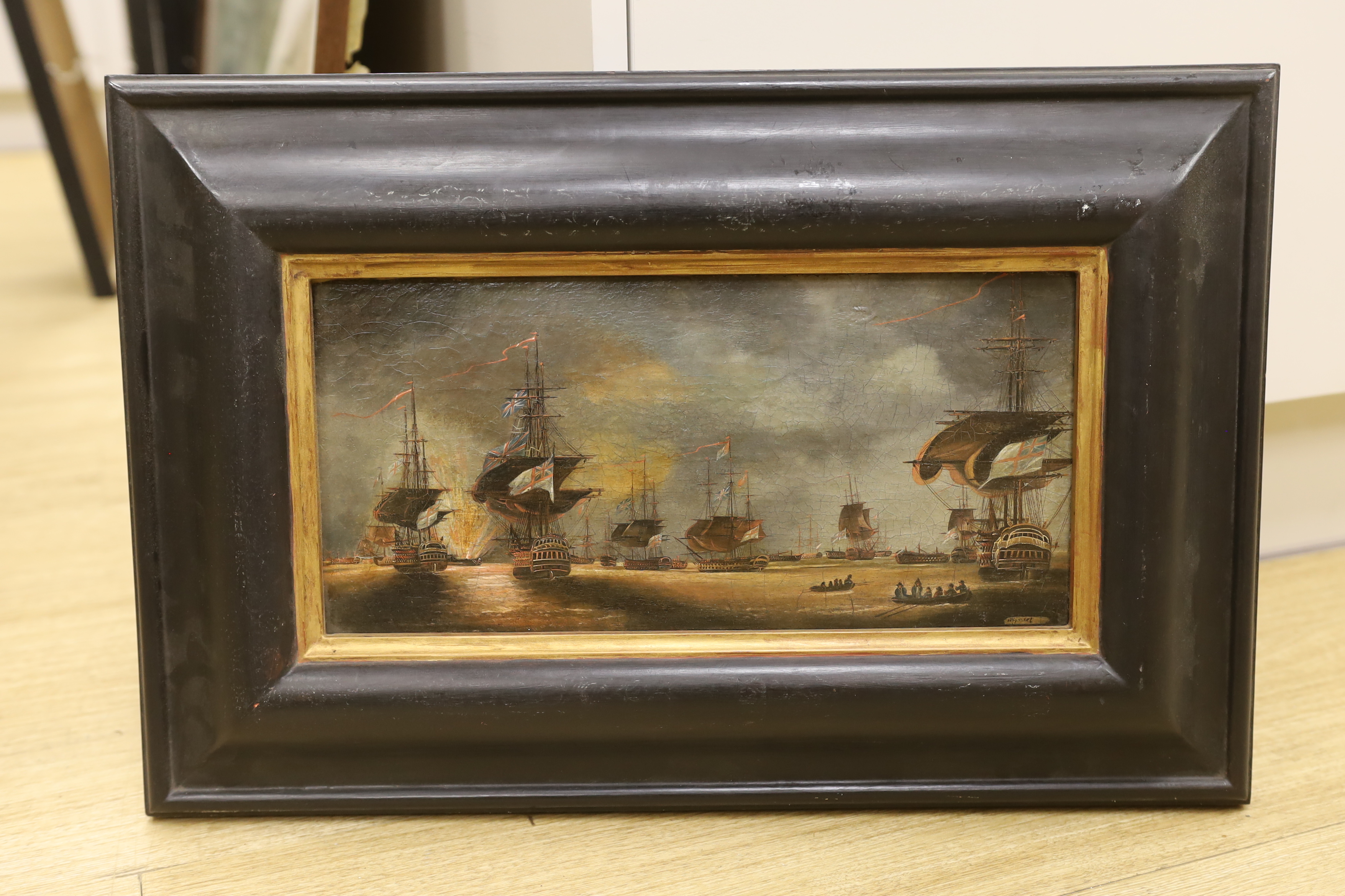 Wigmore (?), 19th century, oil on canvas, British naval and fire ships in a harbour, signed, 17 x 36cm